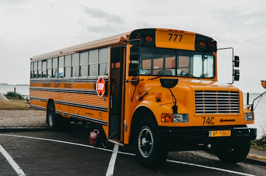Classic American yellow school bus parked by a serene lakeside in an urban setting.