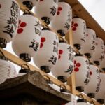 Close-up of traditional Japanese lanterns with kanji characters at a Kyoto temple.
