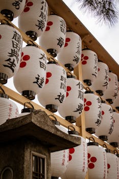 Close-up of traditional Japanese lanterns with kanji characters at a Kyoto temple.