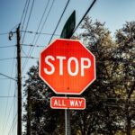 Bright red stop sign with all way label under a clear blue sky.